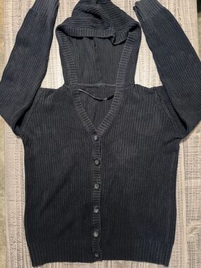 Hooded Black Button-Front Knit Cardigan